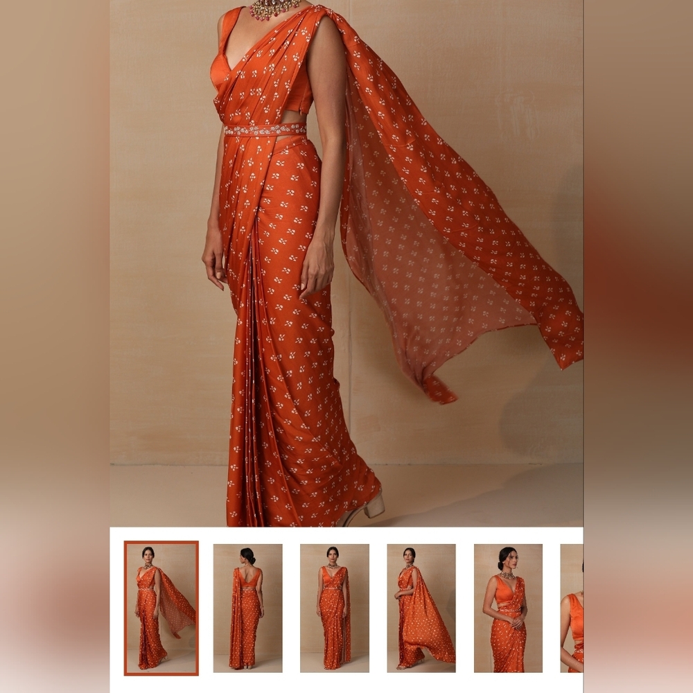 Pre-Draped Orange Printed Saree with Blouse and Belt